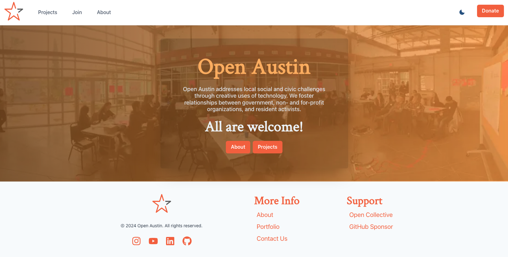 Webpage screenshot for Open Austin, A volunteer civic technology community